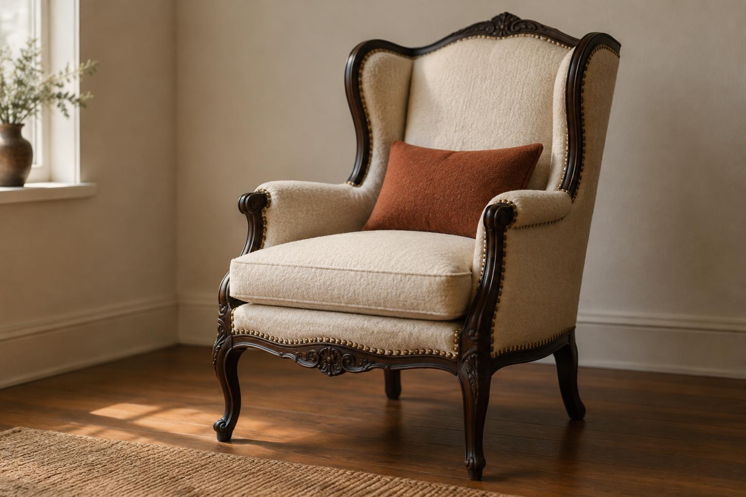 Restored antique wingback armchair with carved wood frame and cream upholstery