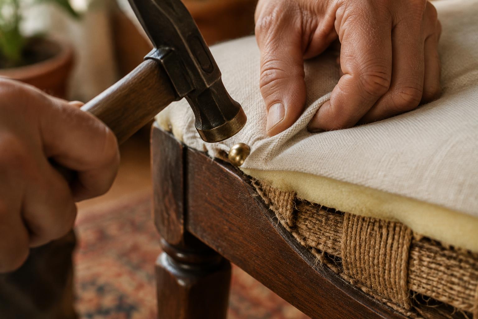 Tapping a brass tack into the edge of a freshly covered chair seat