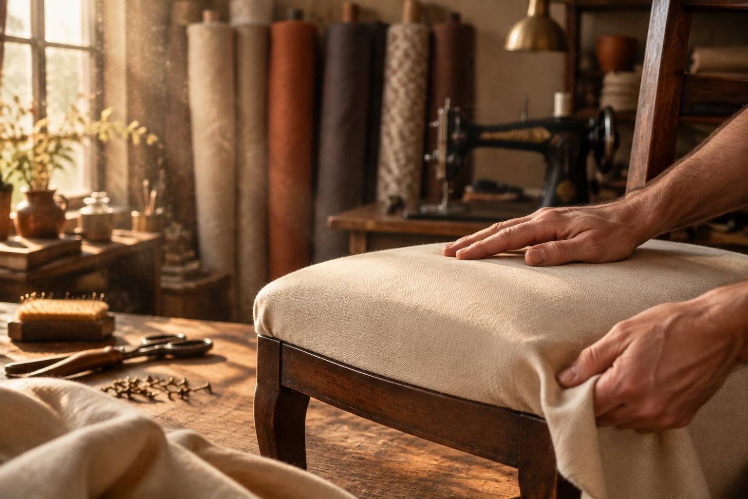 Hands stretching new fabric over a chair seat in the workshop