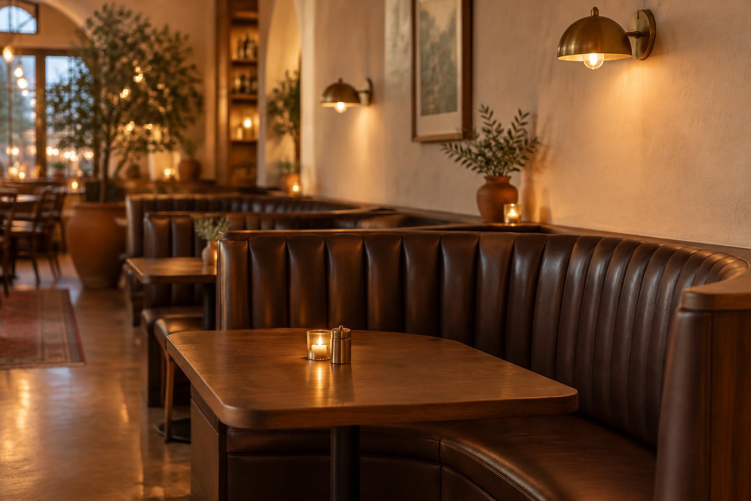 Channel-back leather booth seating in a warm dining room